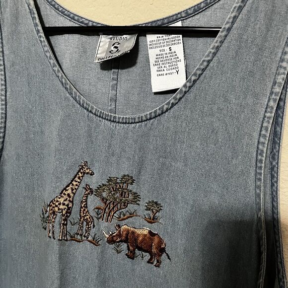 VTG 90'S Denim DRESS JUMPER Embroidered Safari animals Midi sz Small - Picture 4 of 7